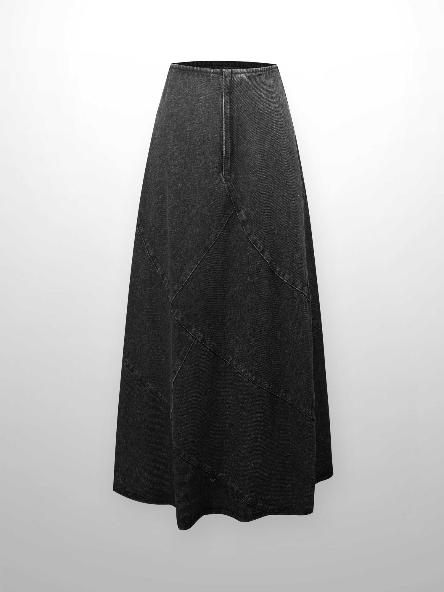 Seamed A-line Denim Skirt-Black