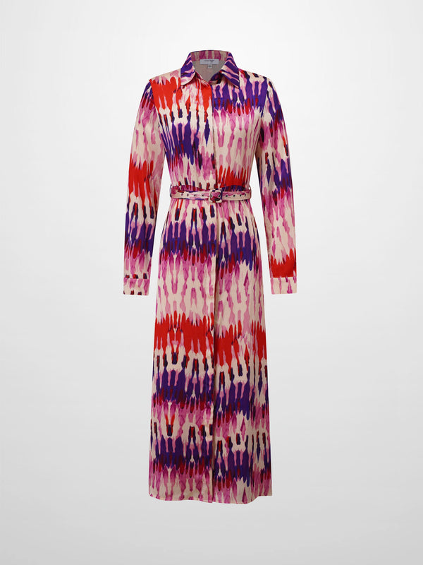 Basic Belted A-Line Dress-Pink Watercolor