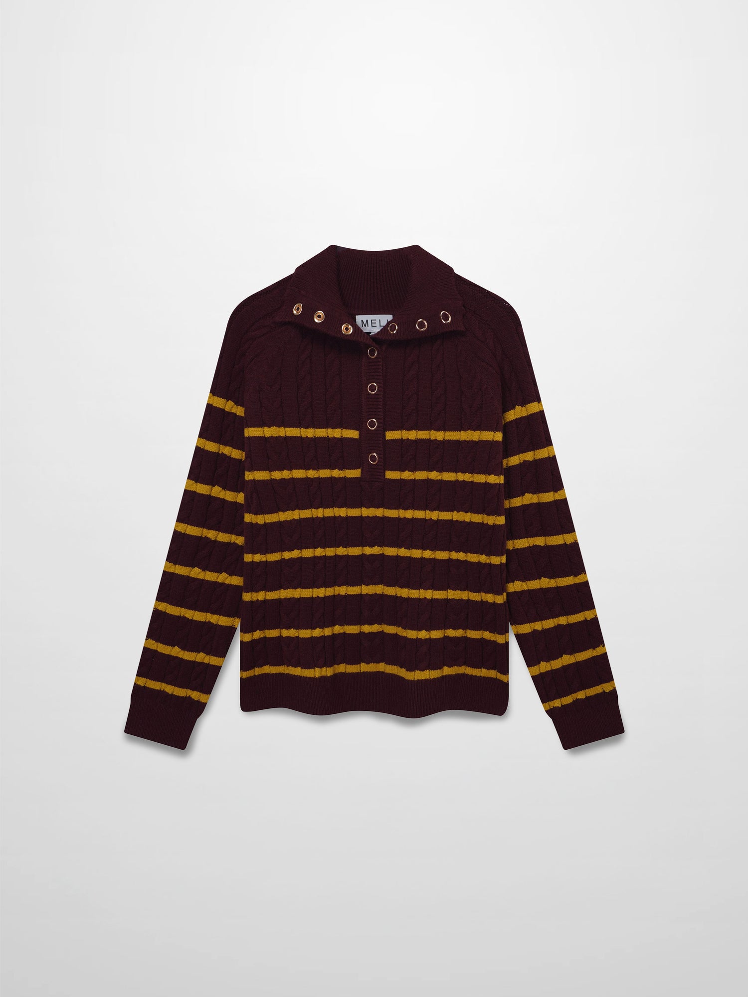 Shawl Snap Collar Striped Cable Sweater-Burgundy/Yellow