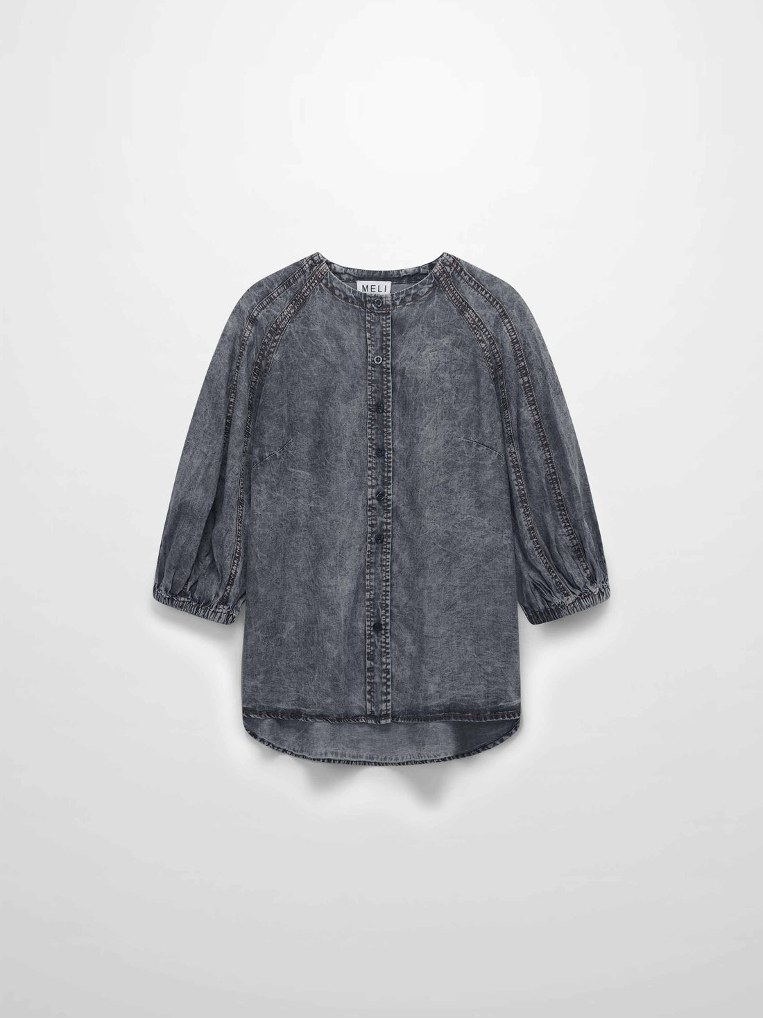Puff Sleeve Washed Denim Blouse-Black