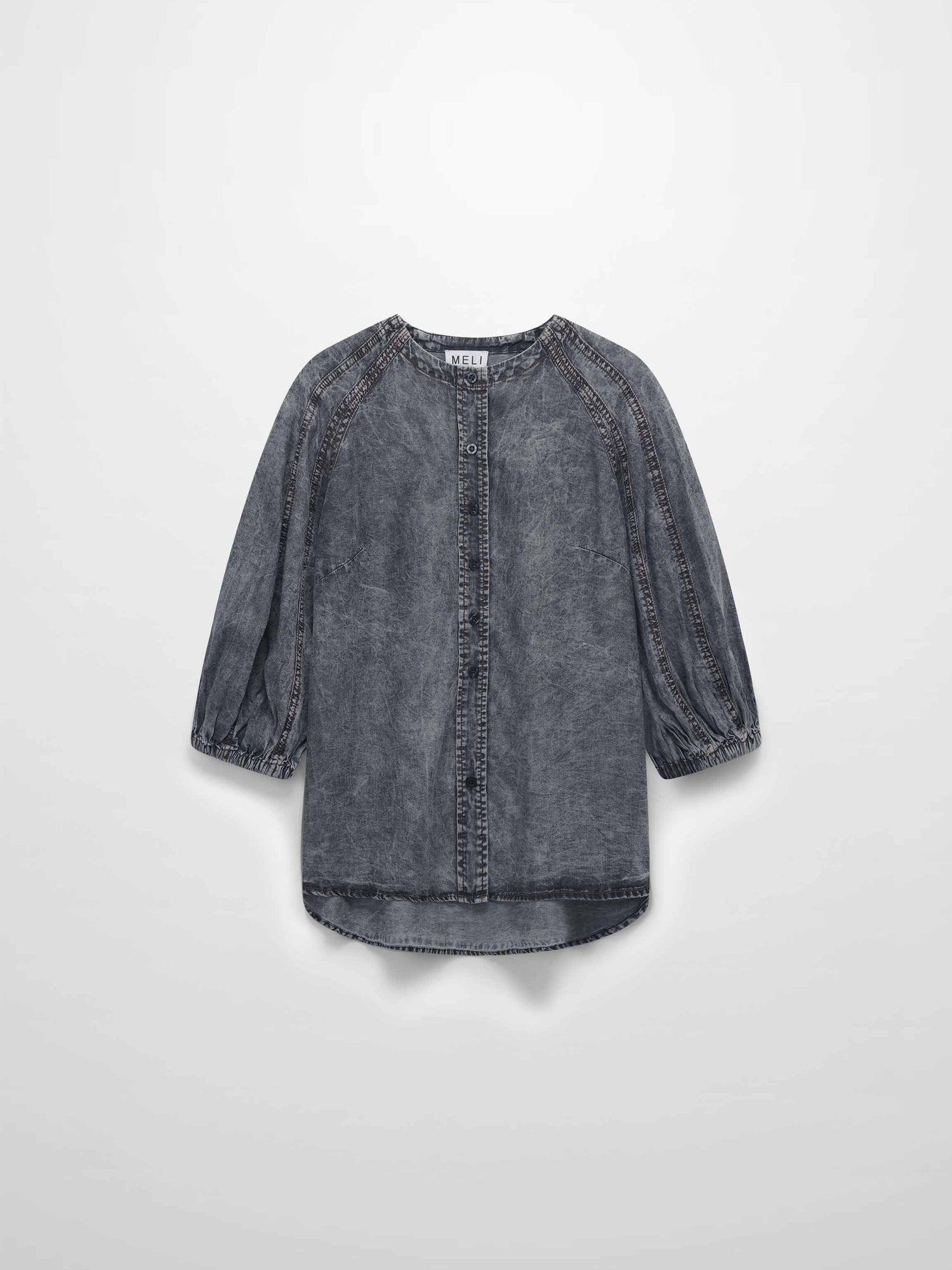 Puff Sleeve Washed Denim Blouse-Black