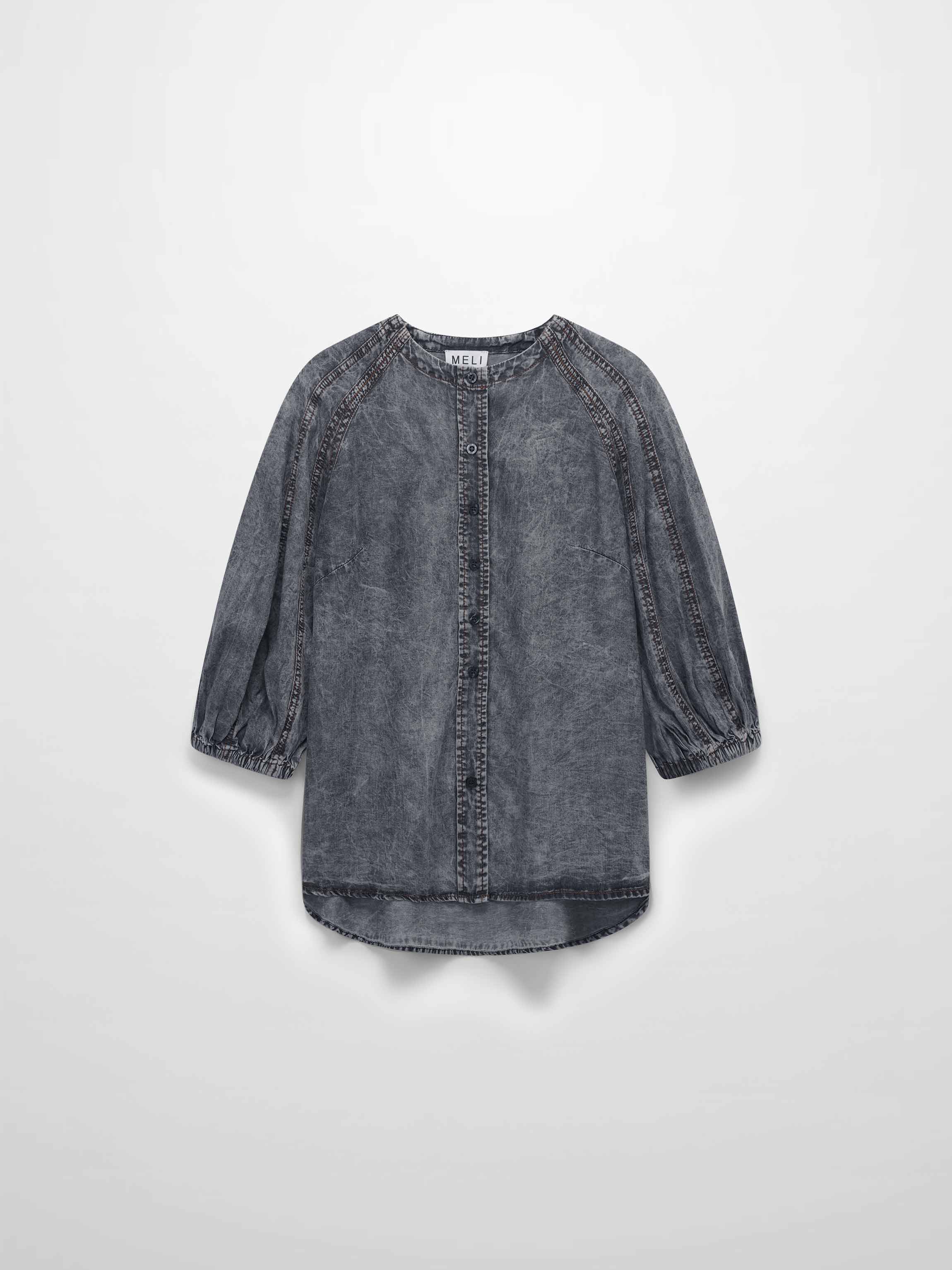 Puff Sleeve Washed Denim Blouse-Black