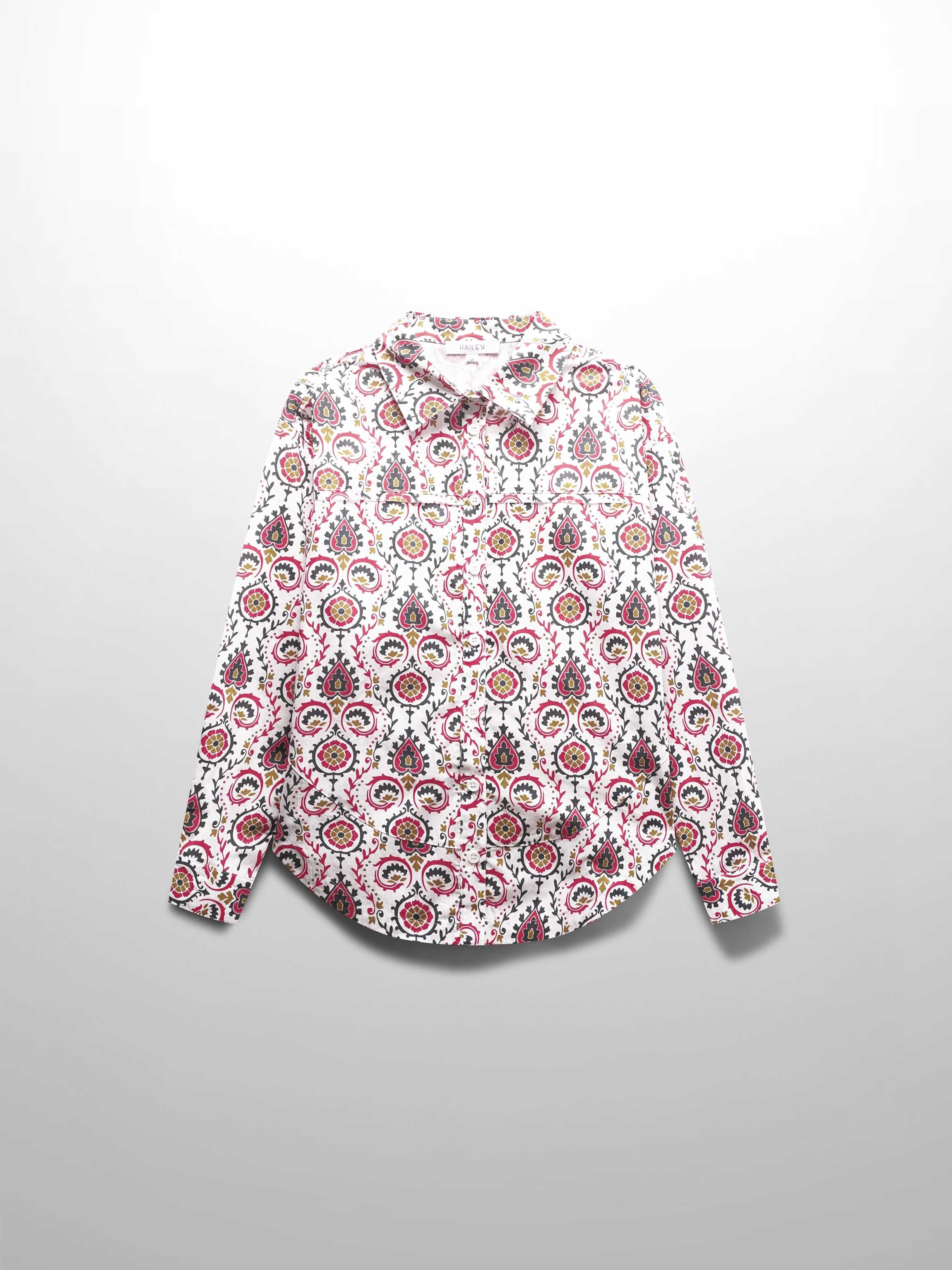 Rounded Hem Button Down Shirt-Retro Floral