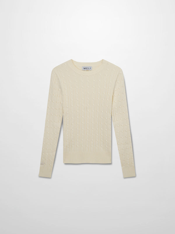 Crew Neck Cable Sweater-Ivory