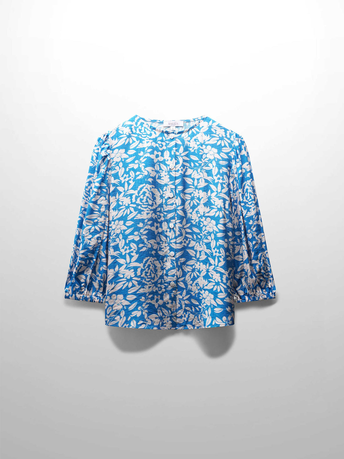 Puff Sleeve Button Down Blouse-Cobalt Blue Floral