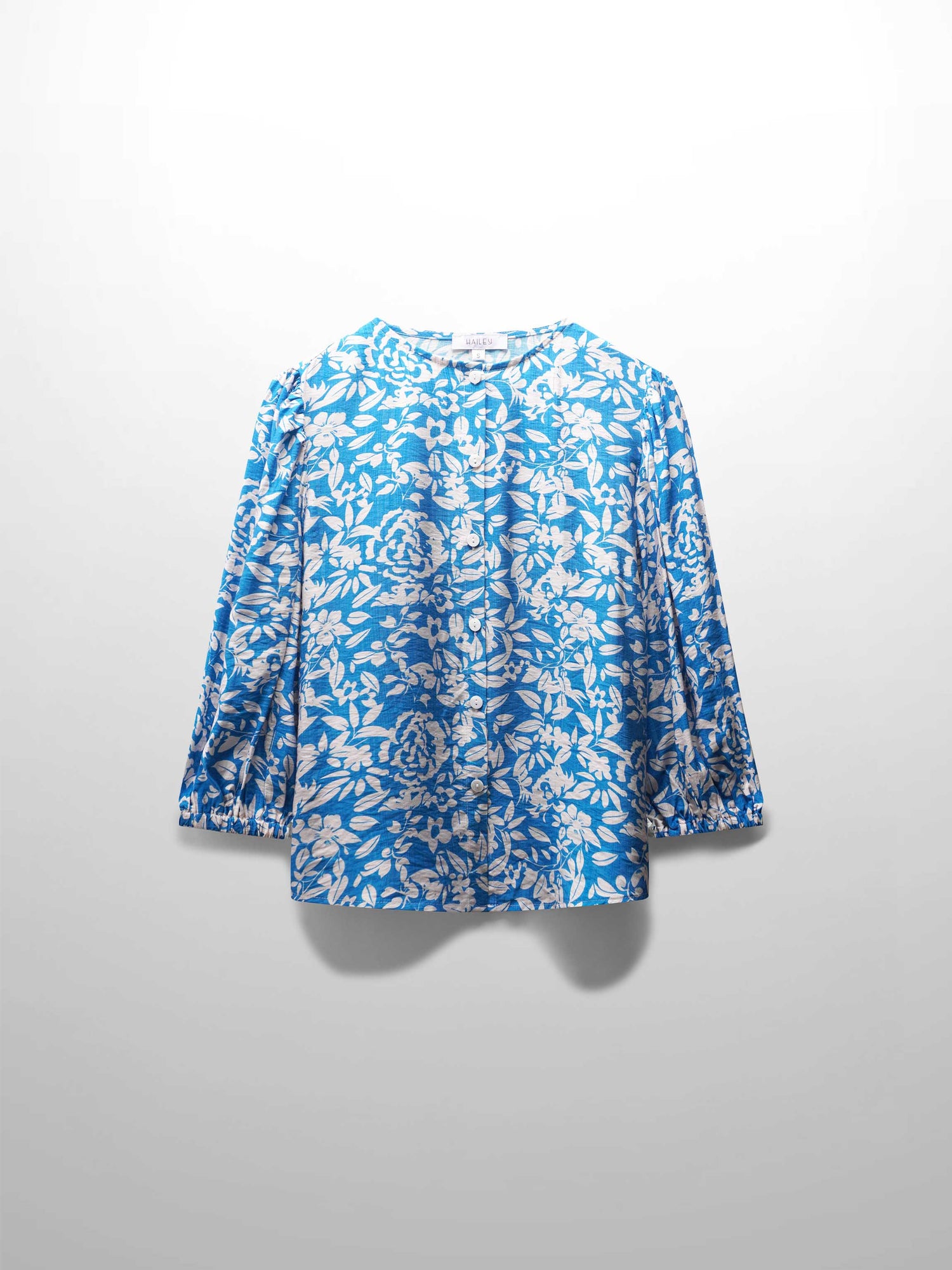 Puff Sleeve Button Down Blouse-Cobalt Blue Floral