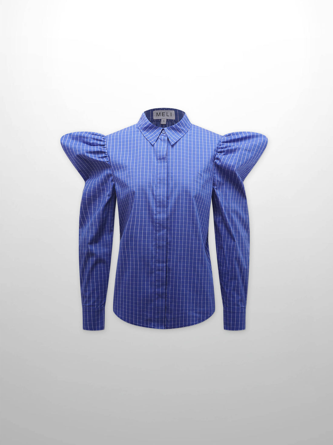 Puff Sleeve Blouse-Cobalt Windowpane