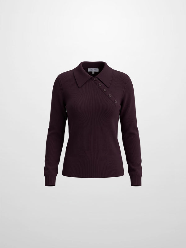 Asymmetrical Button Collar Sweater - Burgundy