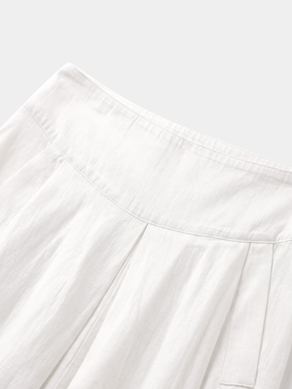 Inverted Yoke Pleat Denim Skirt-White