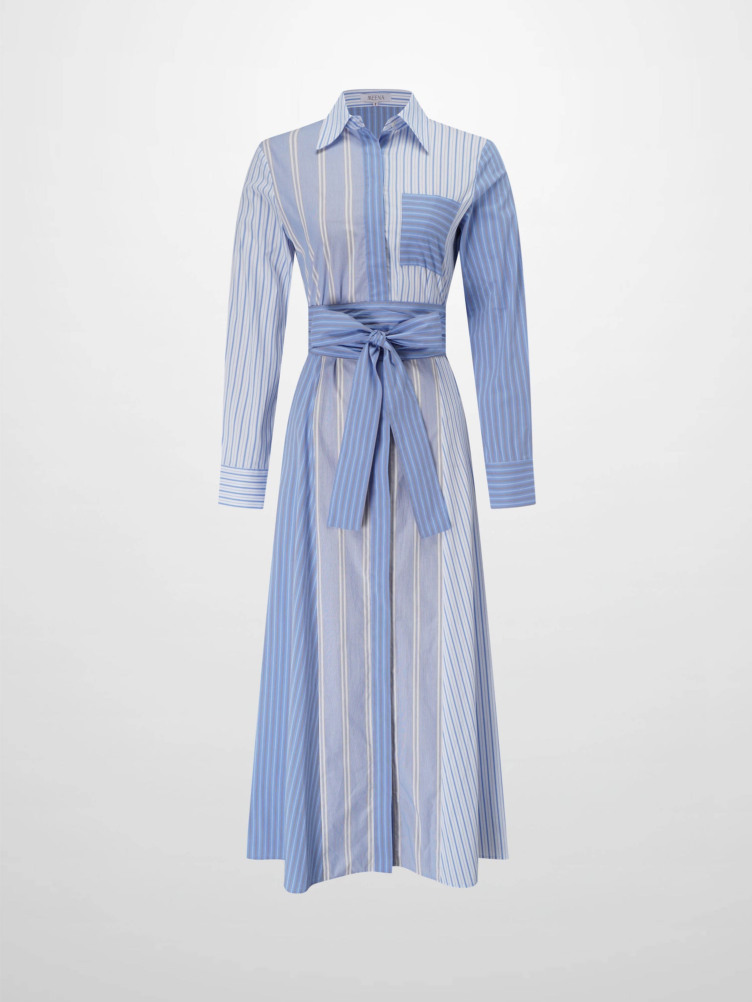 Mixed Pinstripe Belted Shirtdress-Blue