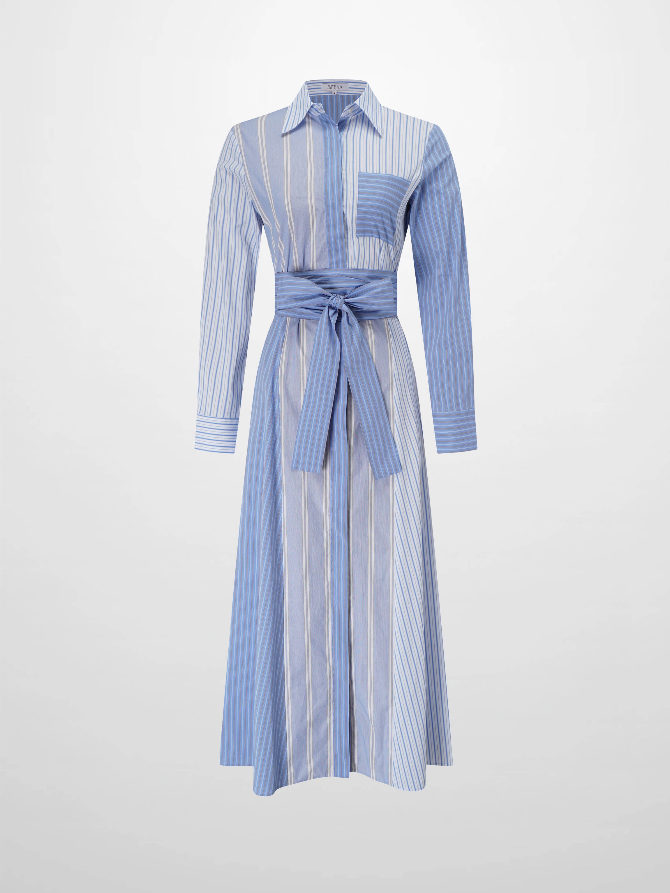 Mixed Pinstripe Belted Shirtdress-Blue