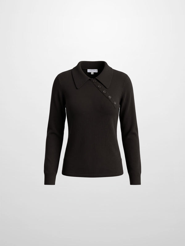 Asymmetrical Button Collar Sweater - Chocolate Brown