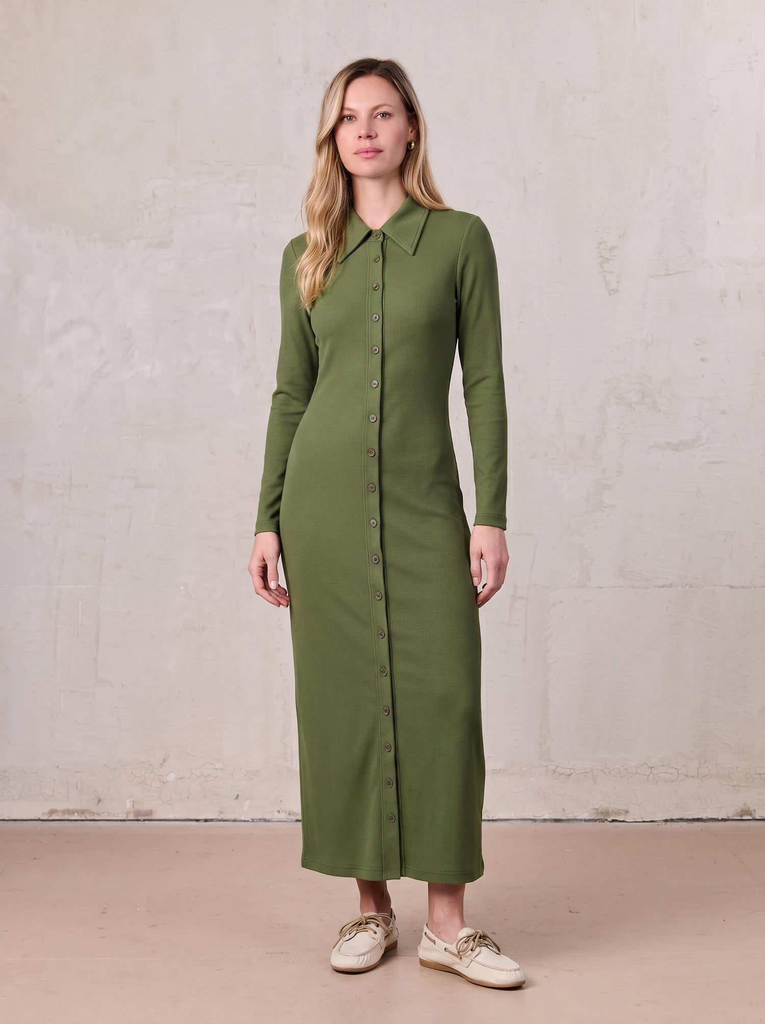 Button Down Ribbed Maxi Dress-Olive