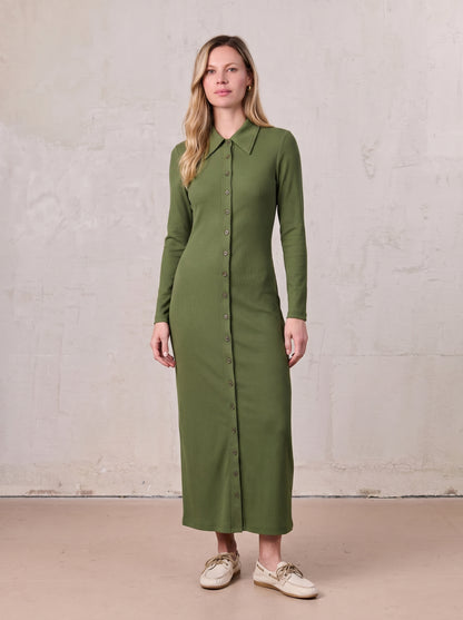 Button Down Ribbed Maxi Dress-Olive
