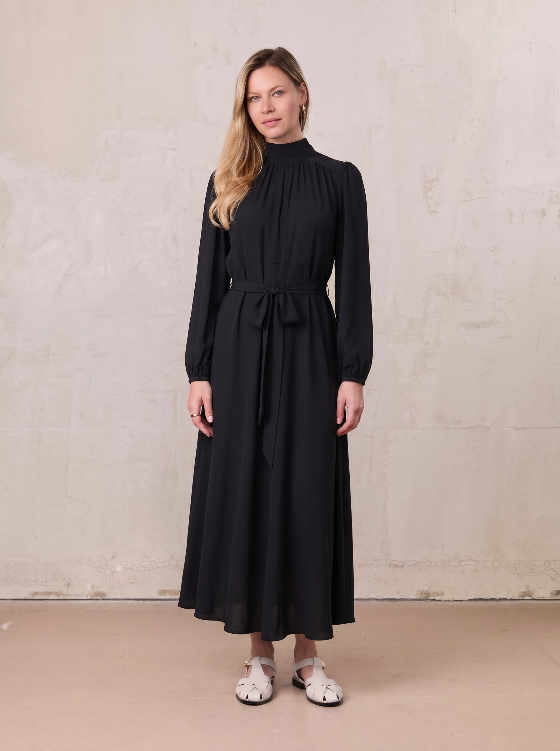 Asymmetrical Bottom Belted Dress-Black