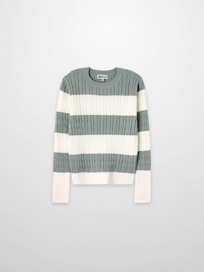 Striped Cable Sweater-Dusty Mint/White