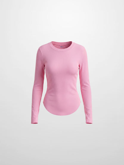 Rounded Hem Ribbed T-Shirt-Pink