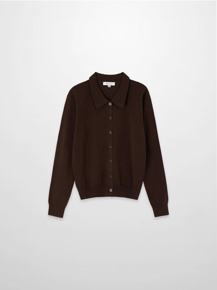 Wool Blend Collared Cardigan-Brown