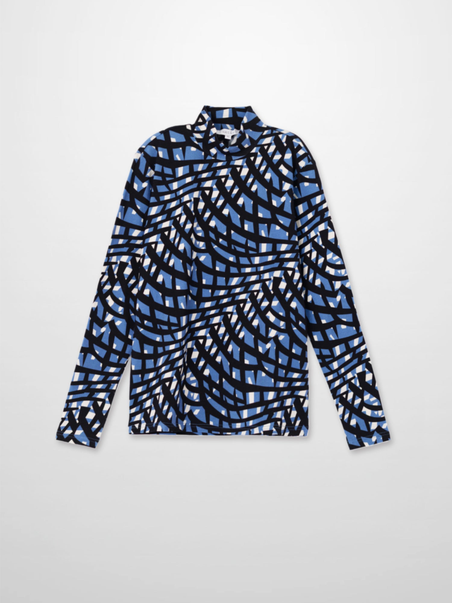 Boxy Printed Modal Turtleneck-Blue Geometric