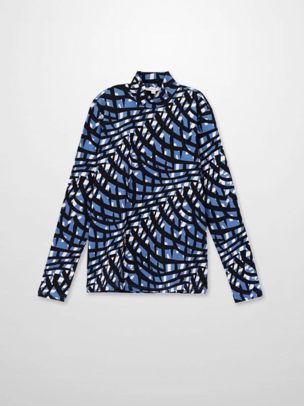 Boxy Printed Modal Turtleneck-Blue Geometric