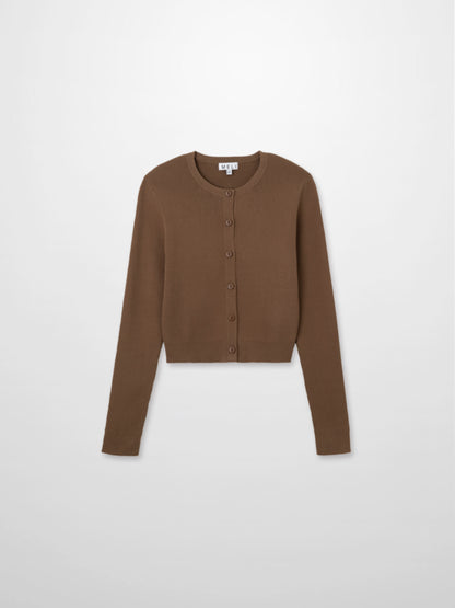 Ribbed Crew Neck Cardigan-Mocha Mousse