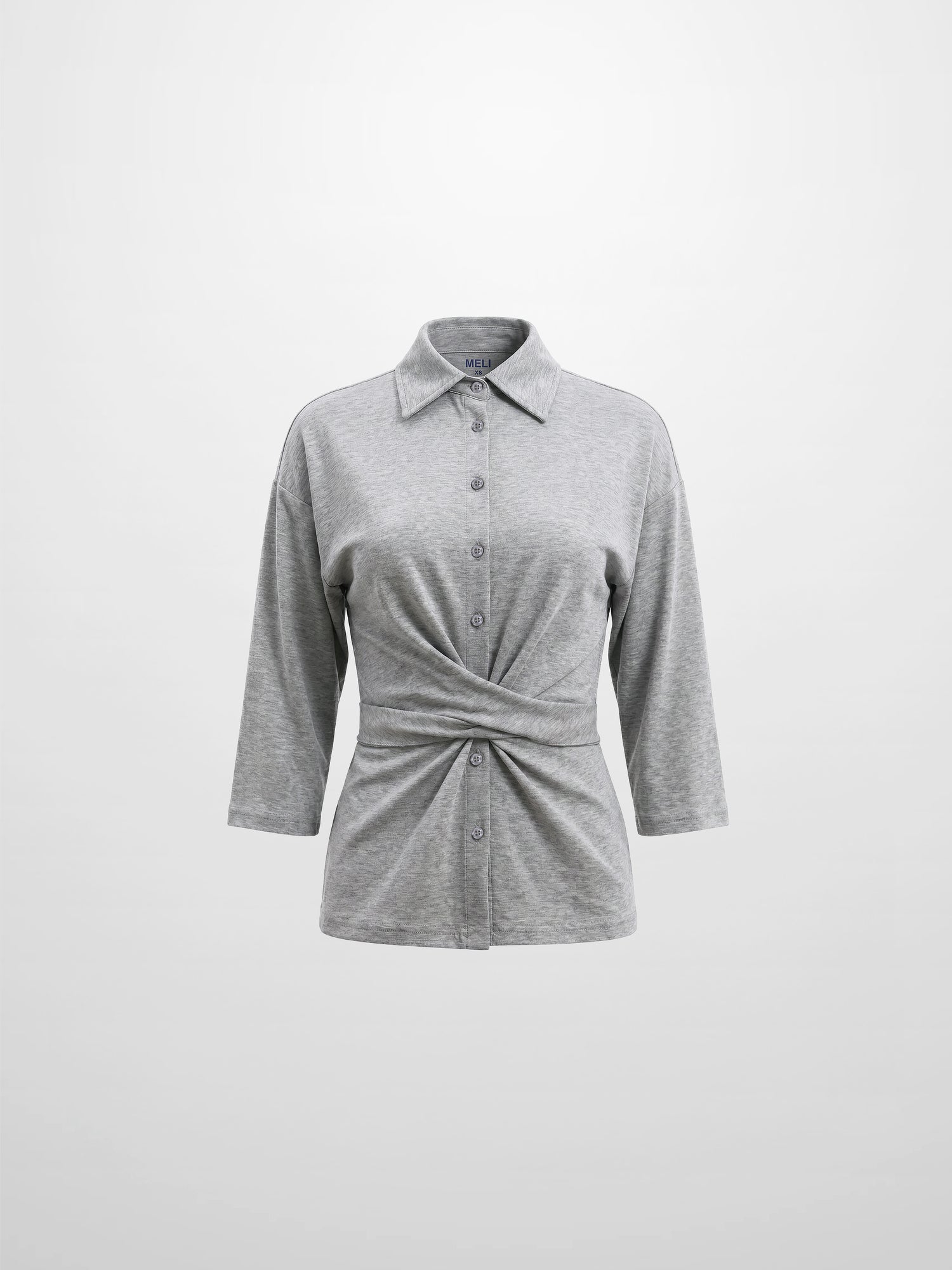 Waist Tie Button Down T-Shirt-Heather Grey