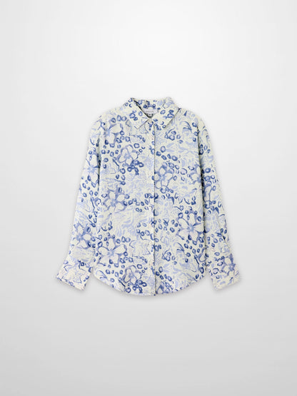 Button Down Collared Blouse-Blue Watercolor