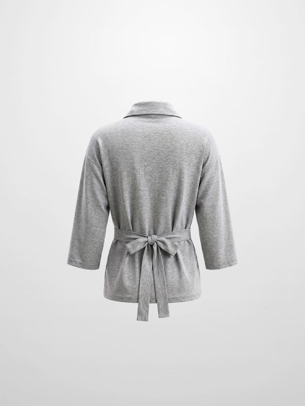 Waist Tie Button Down T-Shirt-Heather Grey