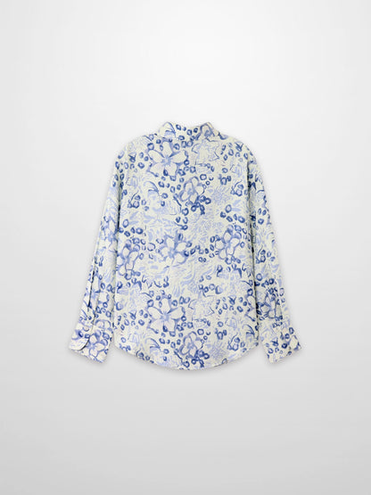 Button Down Collared Blouse-Blue Watercolor