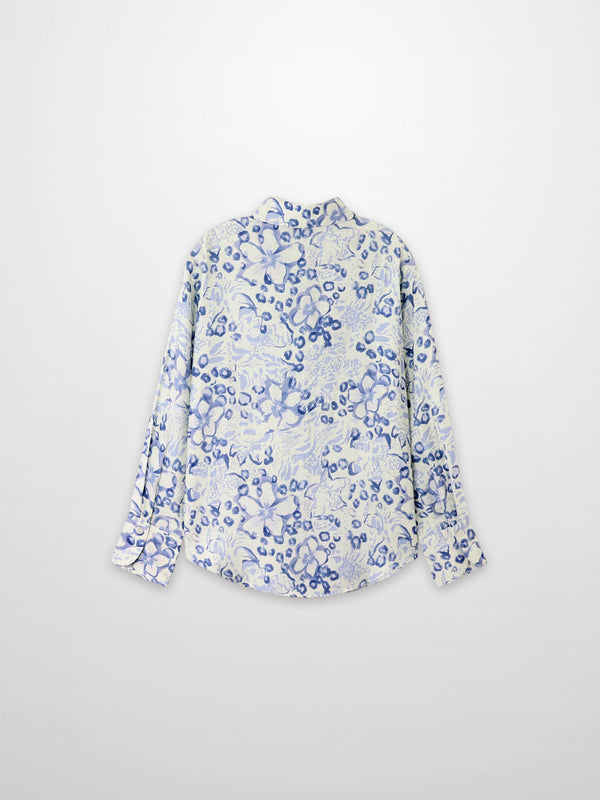 Button Down Collared Blouse-Blue Watercolor
