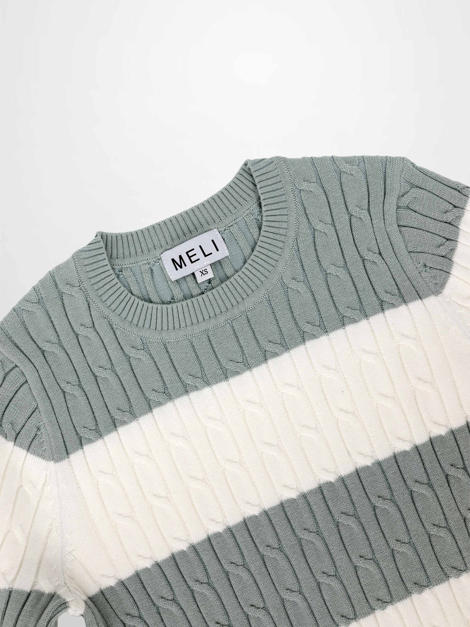 Striped Cable Sweater-Dusty Mint/White
