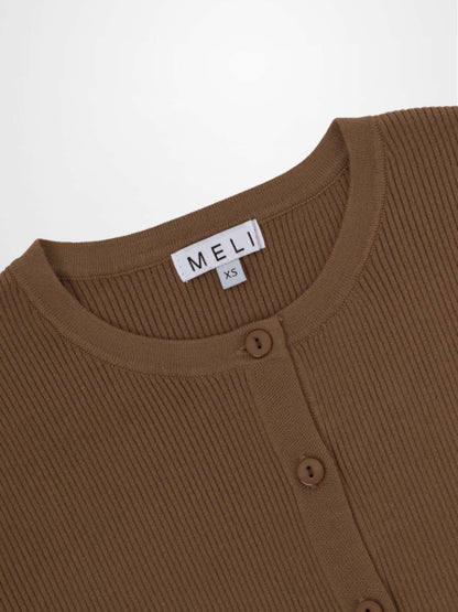 Ribbed Crew Neck Cardigan-Mocha Mousse