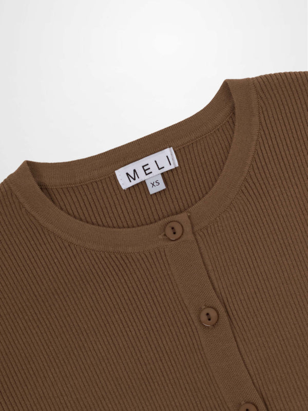 Ribbed Crew Neck Cardigan-Mocha Mousse