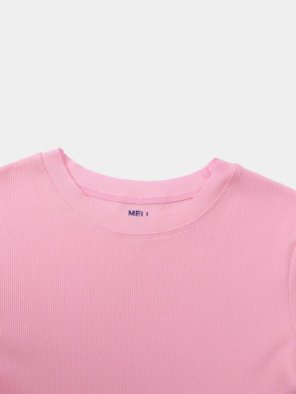 Rounded Hem Ribbed T-Shirt-Pink