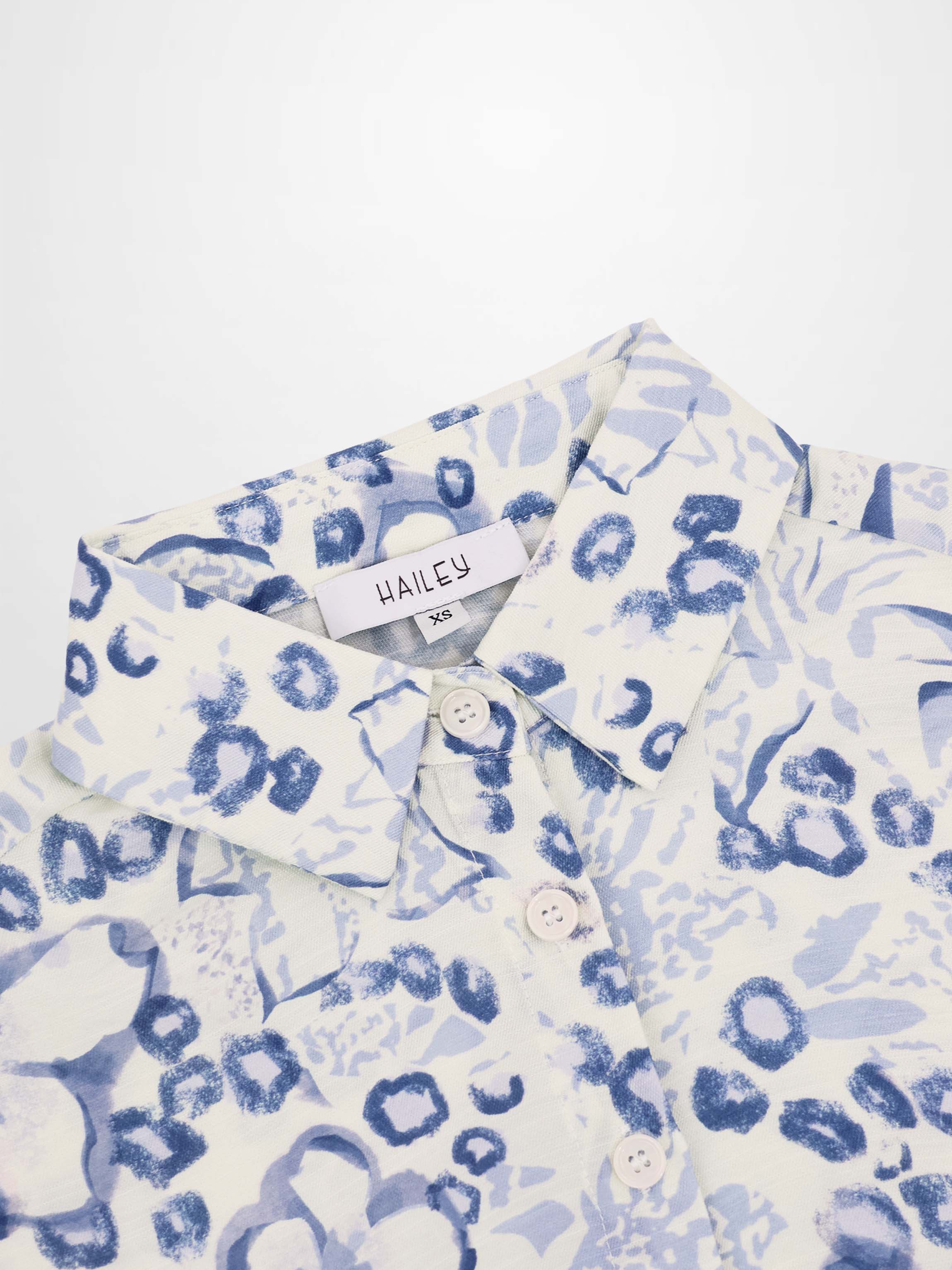 Button Down Collared Blouse-Blue Watercolor