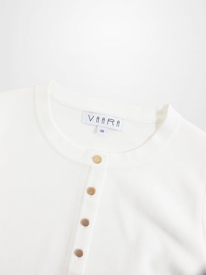 Gold Button Crop Cardigan-White