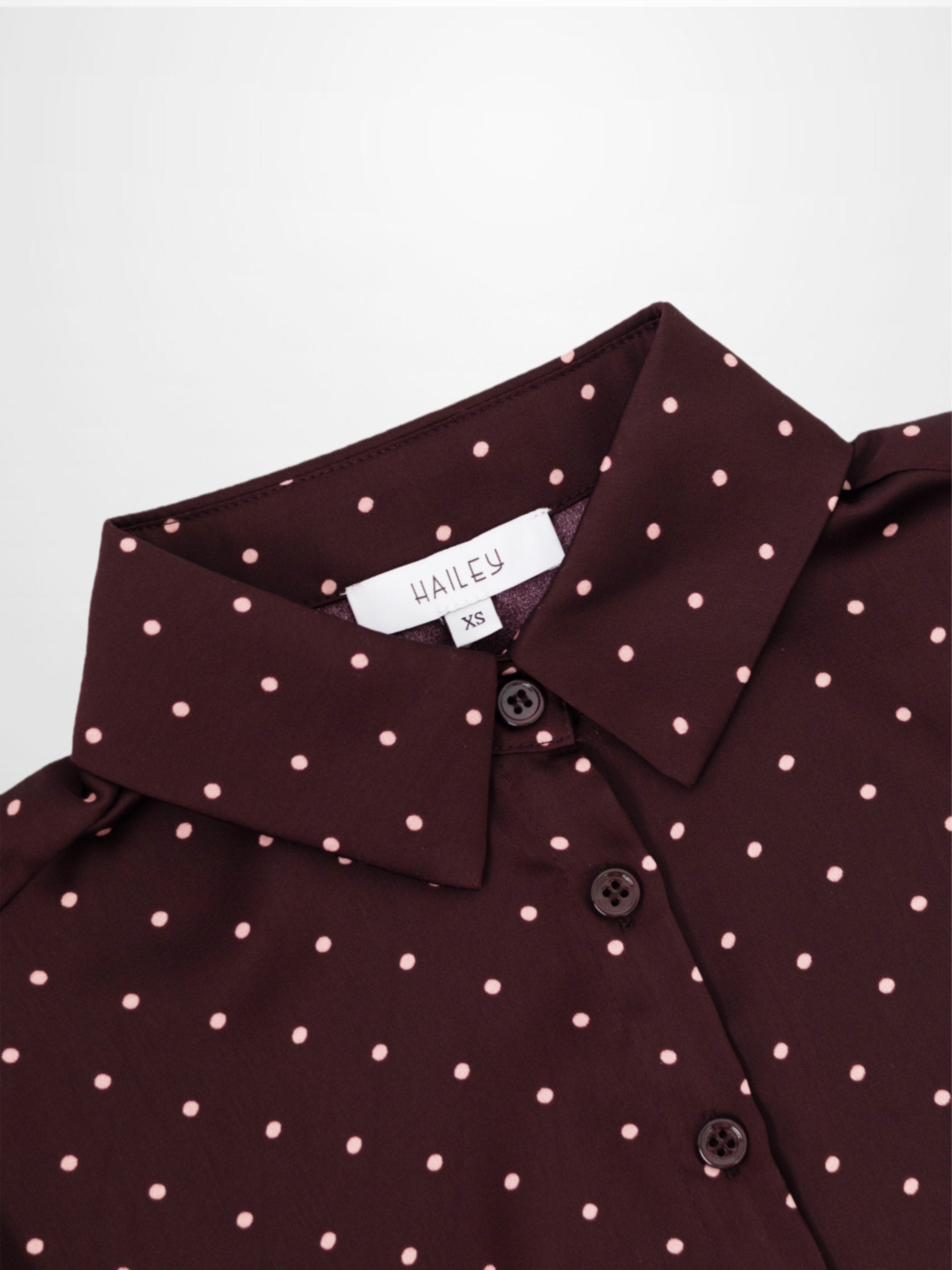 Oversized Satin Blouse-Burgundy Small Polka Dot