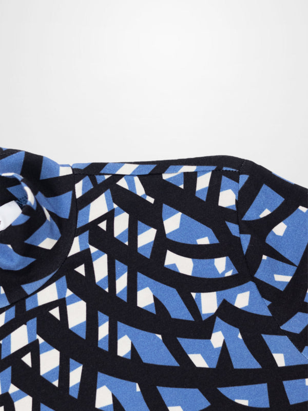 Boxy Printed Modal Turtleneck-Blue Geometric
