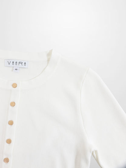Gold Button Crop Cardigan-White