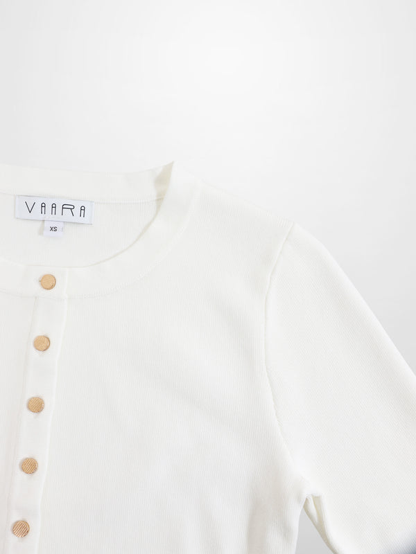 Gold Button Crop Cardigan-White
