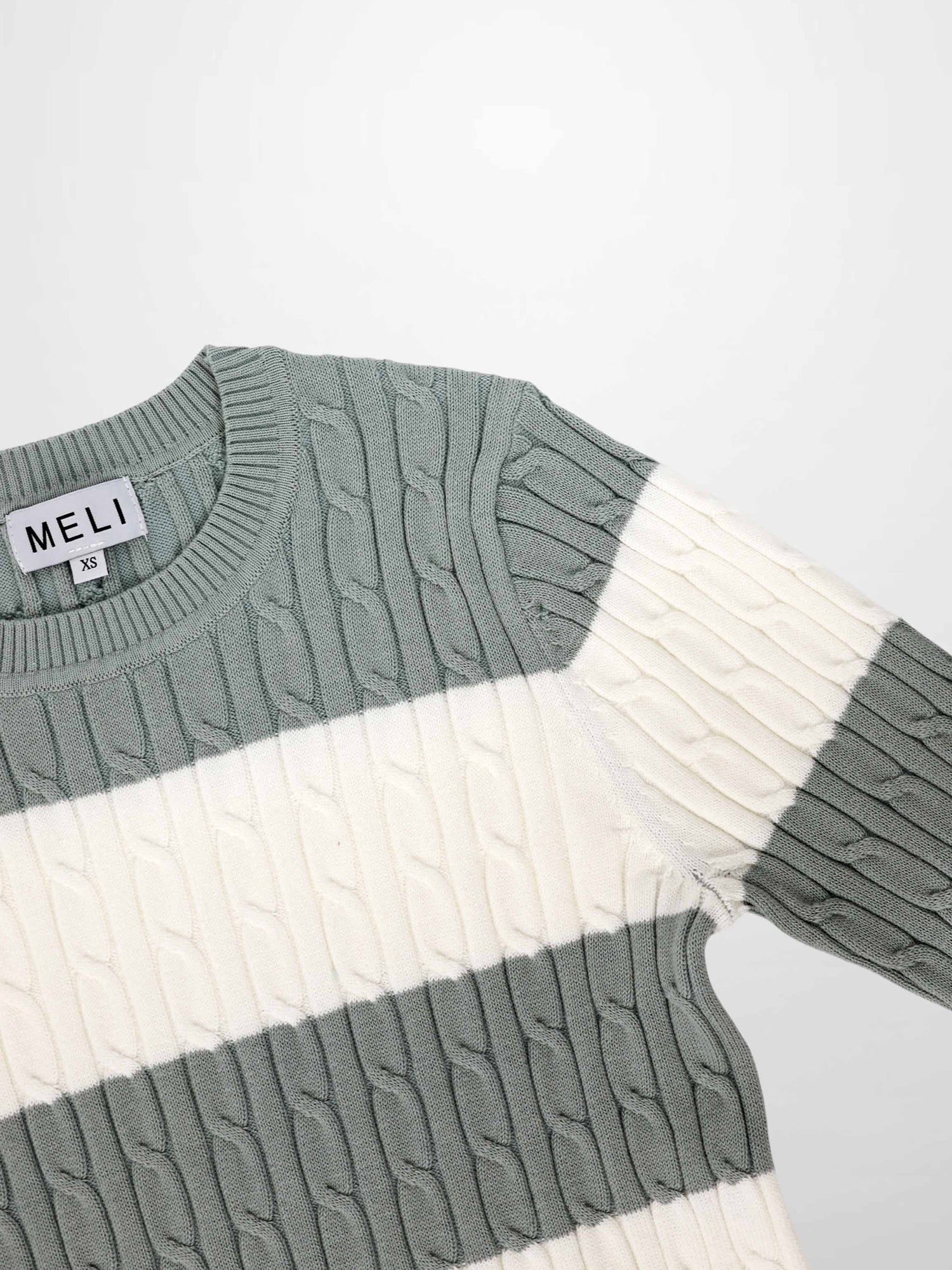 Striped Cable Sweater-Dusty Mint/White