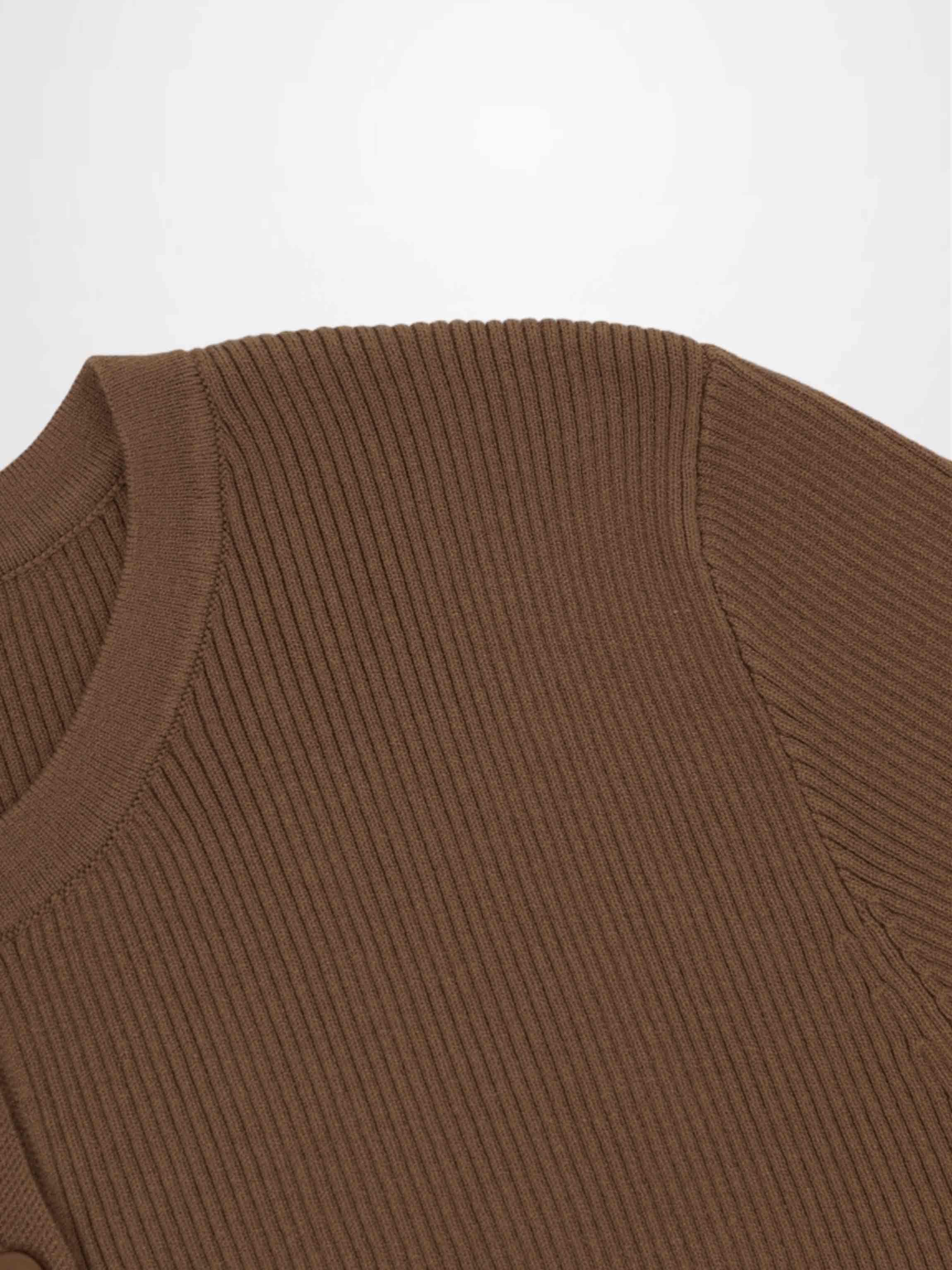 Ribbed Crew Neck Cardigan-Mocha Mousse