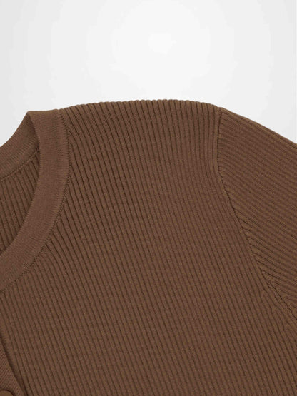 Ribbed Crew Neck Cardigan-Mocha Mousse