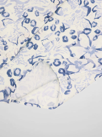 Button Down Collared Blouse-Blue Watercolor