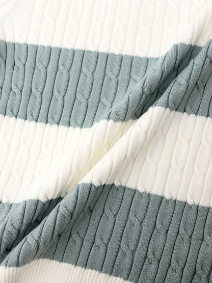 Striped Cable Sweater-Dusty Mint/White