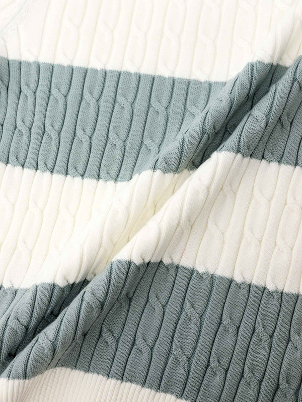 Striped Cable Sweater-Dusty Mint/White