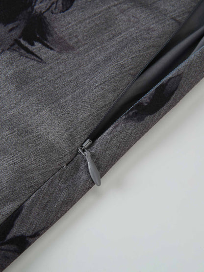 Side Button A-Line Skirt - Grey/Black Floral