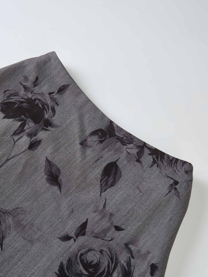 Side Button A-Line Skirt - Grey/Black Floral