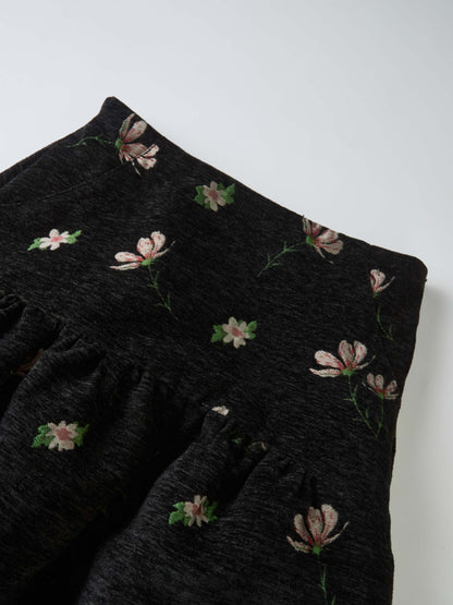 Curved Yoke Gathered Skirt - Embroidered Flowers