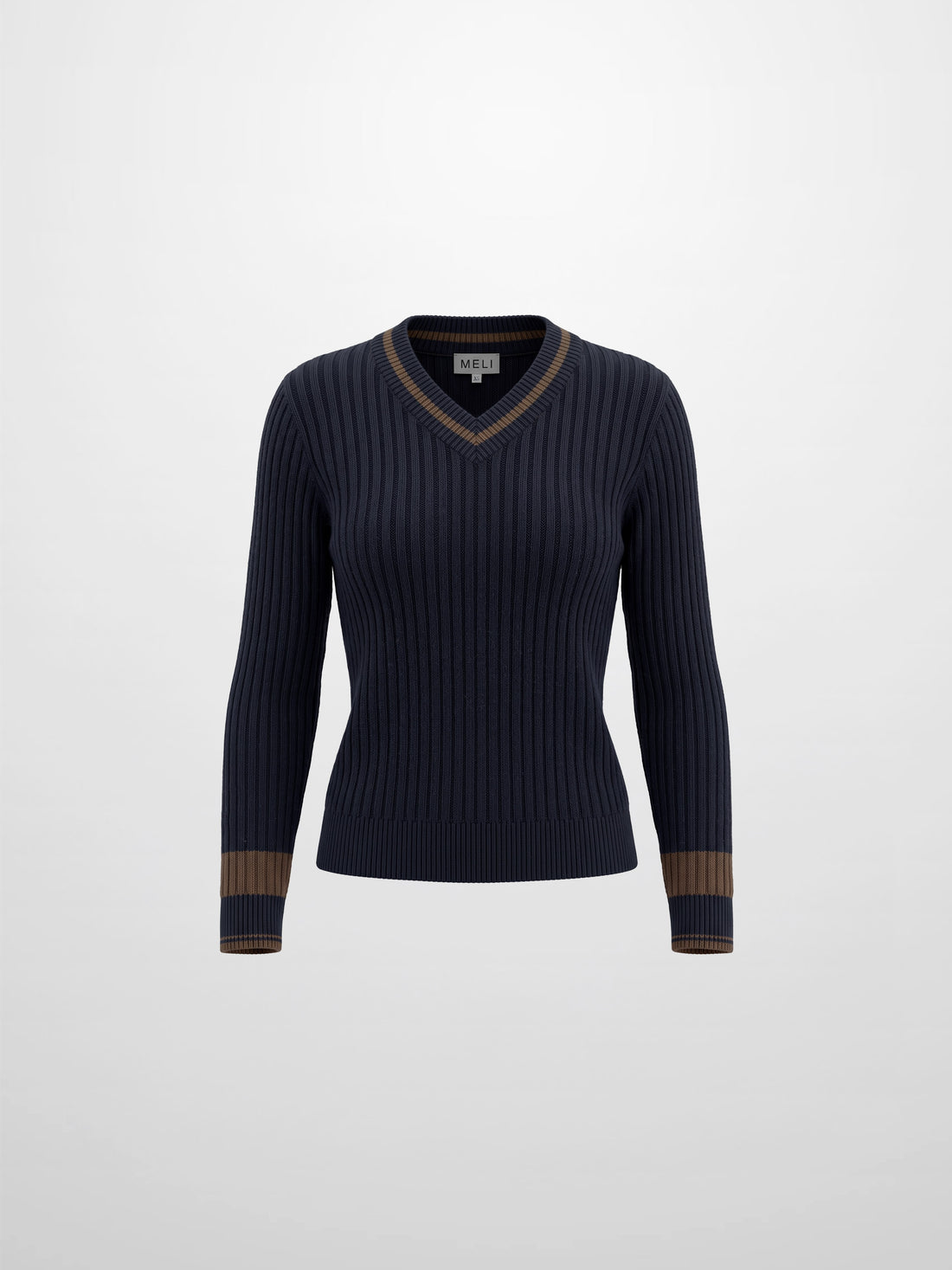 High V Waffle Sweater - Navy/Brown